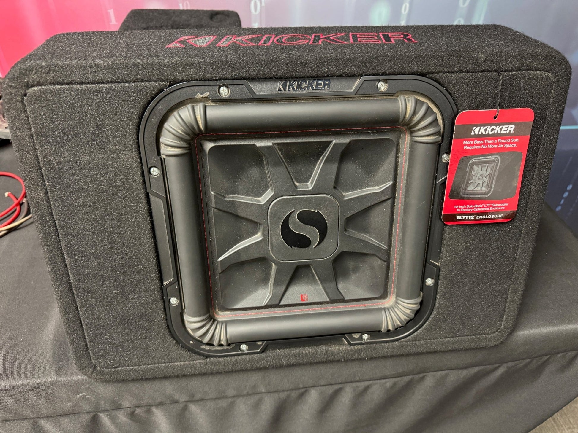 Kicker 46TL7T122 Sealed 2 - ohm enclosure with single square L7T Series 12" shallow - mount subwoofer | Display - Kicker Enclosed Subwoofer for car audio systems