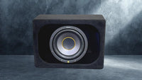 Car subwoofer enclosure with visible brand logo on a gray background