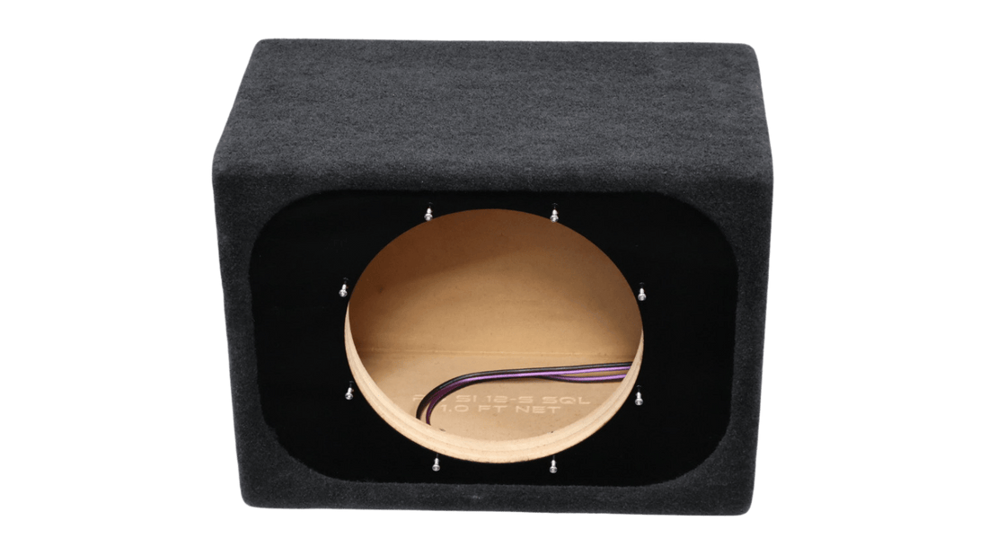 A black fabric-covered subwoofer enclosure box with a circular wood-grain front opening, showing internal wiring and a 1.0 ft net, on a solid white background.