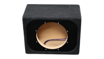 A black fabric-covered subwoofer enclosure box with a circular wood-grain front opening, showing internal wiring and a 1.0 ft net, on a solid white background.