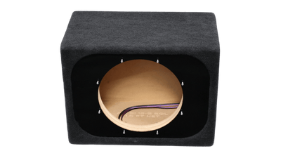 A black fabric-covered subwoofer enclosure box with a circular wood-grain front opening, showing internal wiring and a 1.0 ft net, on a solid white background.
