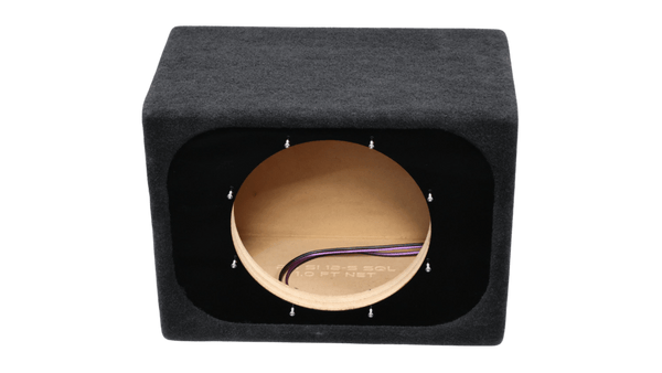 A black fabric-covered subwoofer enclosure box with a circular wood-grain front opening, showing internal wiring and a 1.0 ft net, on a solid white background.