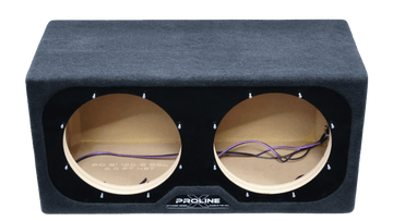 A black double-baffle car audio subwoofer box with a textured fabric cover, showing the MDF interior and wiring through two large circular speaker cutouts.