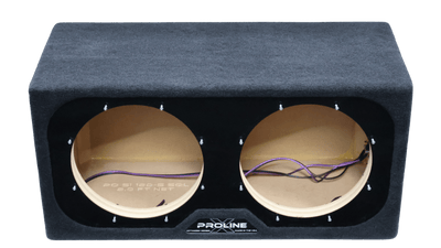 A black double-baffle car audio subwoofer box with a textured fabric cover, showing the MDF interior and wiring through two large circular speaker cutouts.