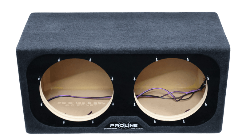 A black double-baffle car audio subwoofer box with a textured fabric cover, showing the MDF interior and wiring through two large circular speaker cutouts.