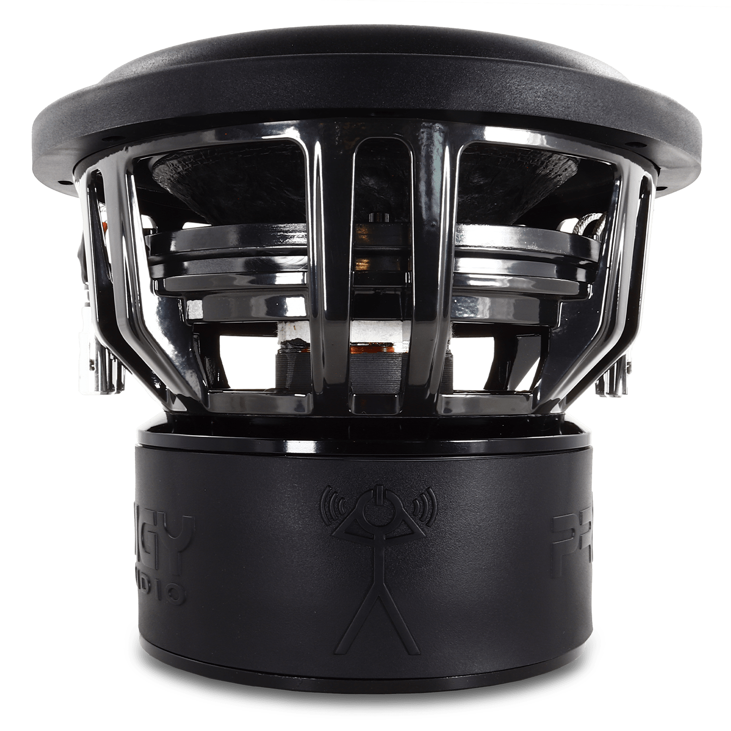 Black car subwoofer with visible brand logo on a white background