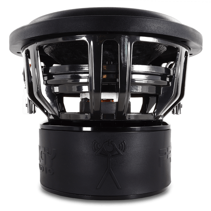Black car subwoofer with visible brand logo on a white background