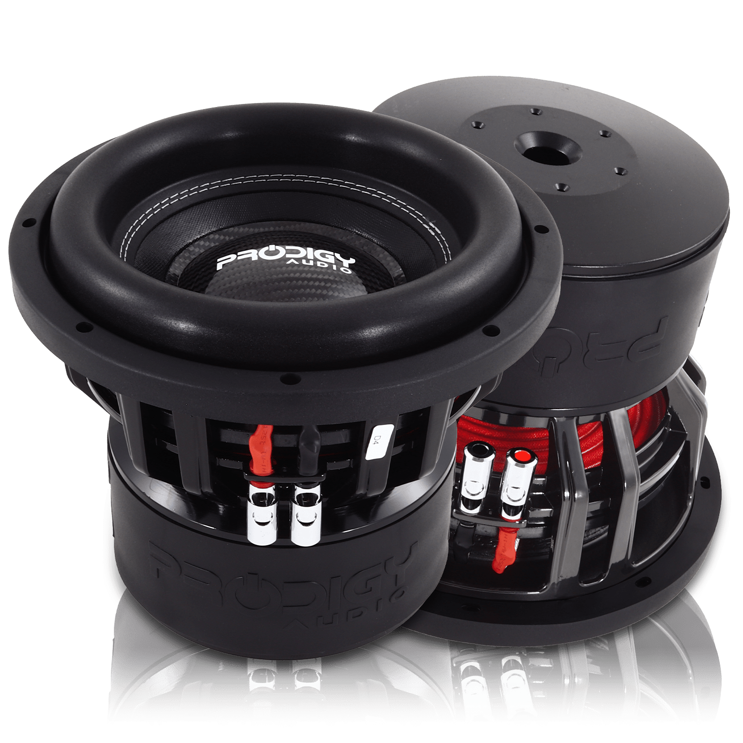 Two car subwoofers with visible branding on a white background