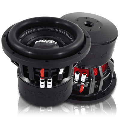 Two car subwoofers with visible branding on a white background