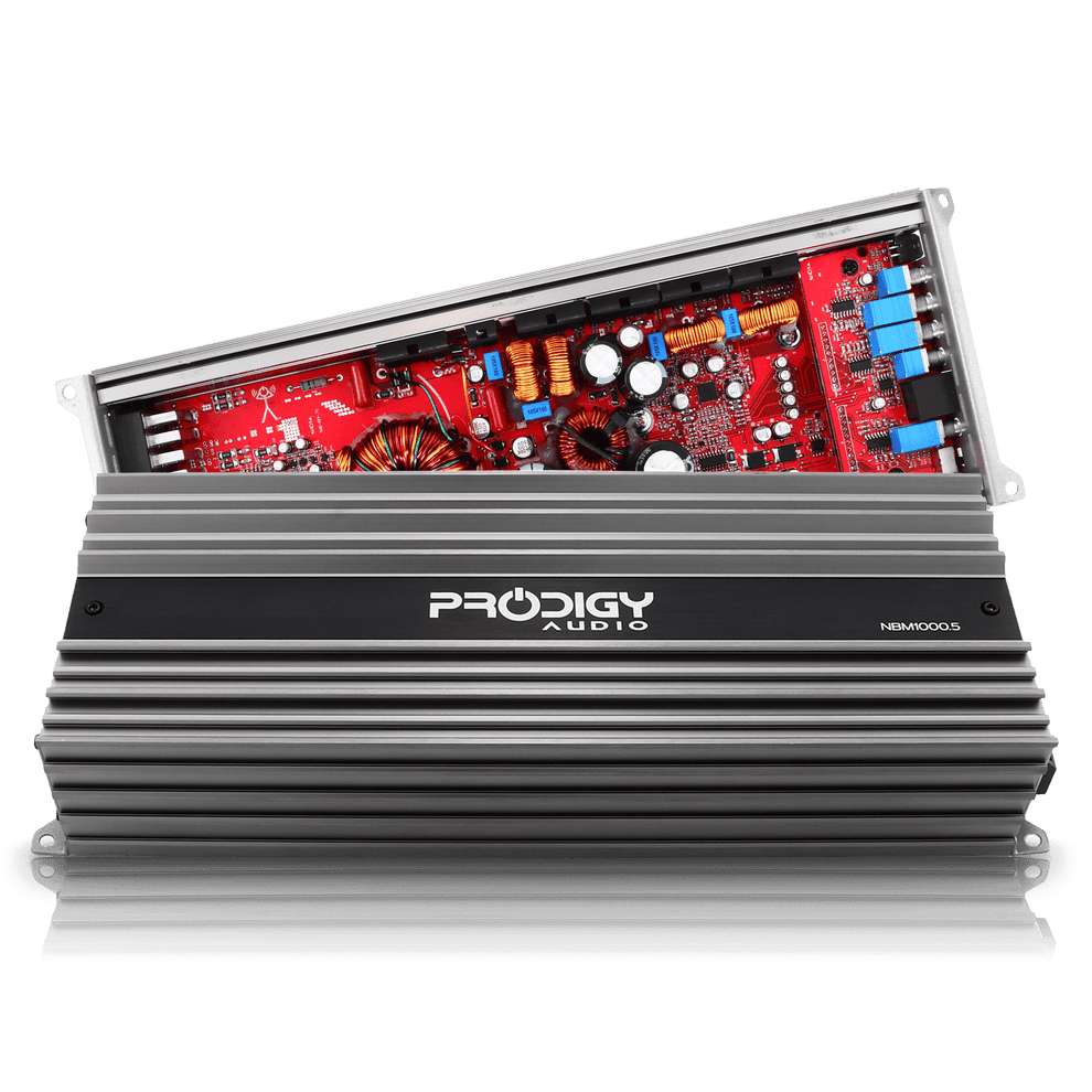 Prodigy Audio NBM1000.5 five channel car amplifier, four speaker channels and a dedicated subwoofer channel in one chassis