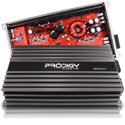 Prodigy Audio amplifier with visible circuit board on a white background