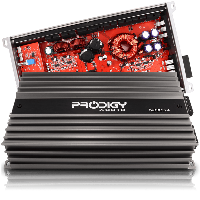 Prodigy Audio amplifier with visible circuit board on a white background