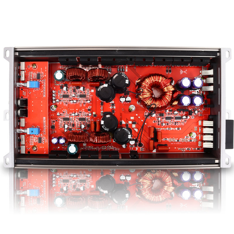 Electronic circuit board with red PCB and various components on a white background