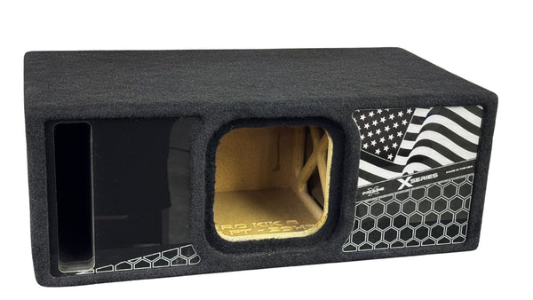Proline X X Series ported enclosure that fits a Kicker Solo-X subwoofer, slot port at left and US flag panel.