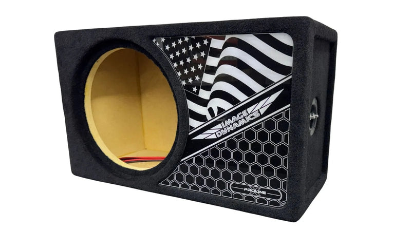 Car subwoofer enclosure with American flag design on a white background