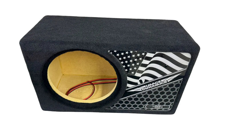Car audio subwoofer enclosure with American flag design on a white background