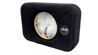 Black car audio subwoofer enclosure with visible brand logo on a white background