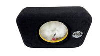Black car audio subwoofer enclosure with a visible brand logo on a white background