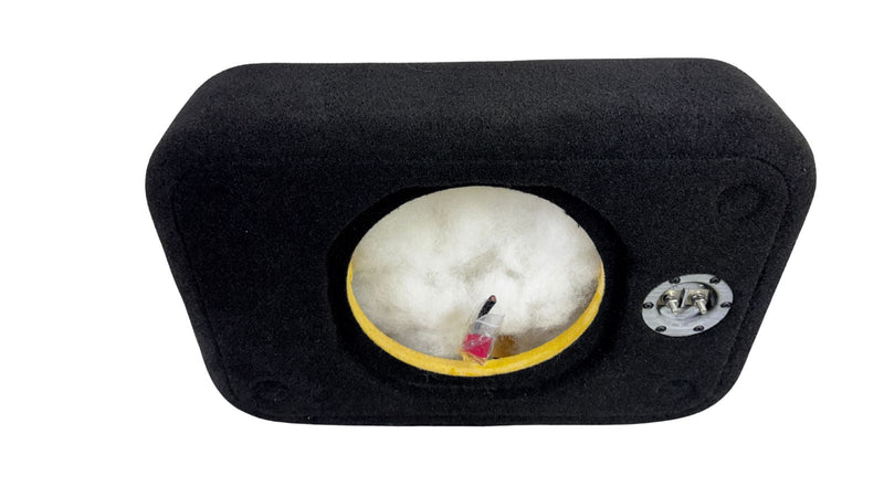Black car audio subwoofer enclosure with a visible brand logo on a white background