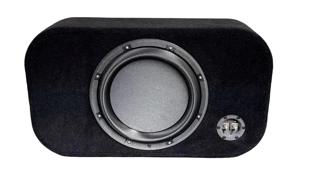 Black subwoofer enclosure with visible driver on a white background