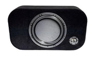 Black subwoofer enclosure with visible driver on a white background