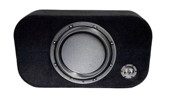 Black subwoofer enclosure with visible driver on a white background