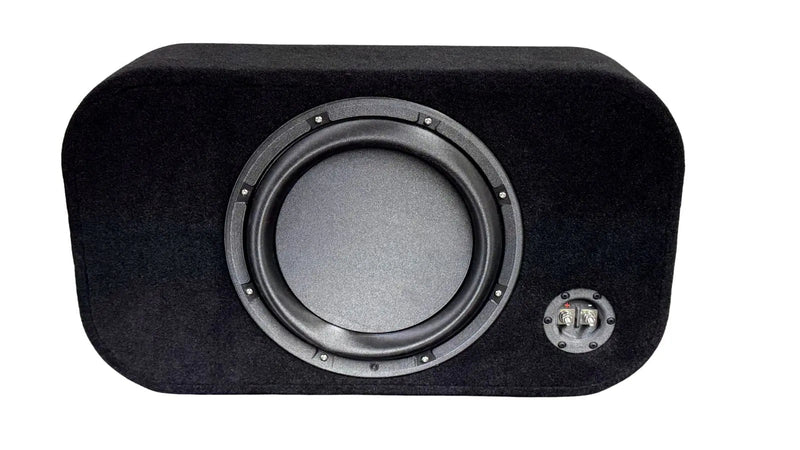 Black subwoofer enclosure with visible driver on a white background