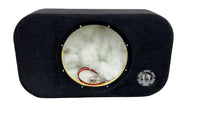 Black car audio subwoofer enclosure with white interior and visible wiring.