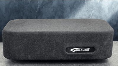 Proline X M10-S Micro Series enclosure, carpet wrapped, with the Arc Audio badge inset on the front panel.