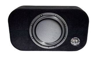 Black subwoofer enclosure with visible driver on a white background