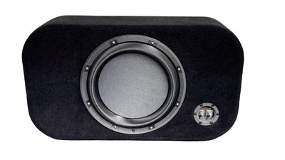 Black subwoofer enclosure with visible driver on a white background