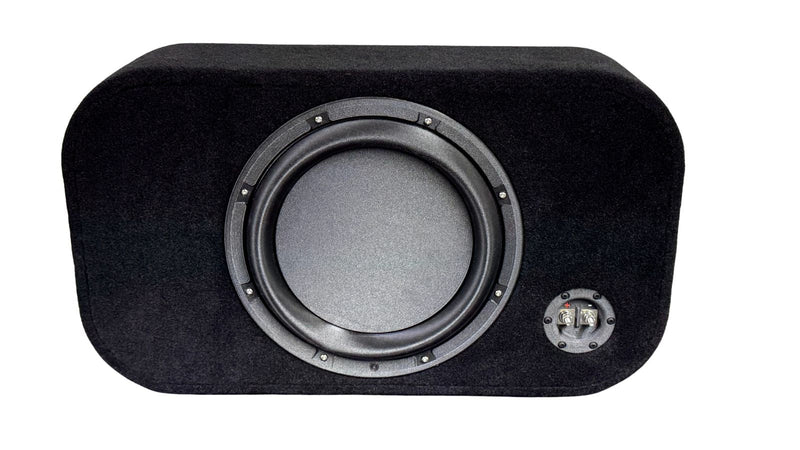 Black subwoofer enclosure with visible driver on a white background