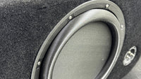 Close-up of a car subwoofer in a black enclosure