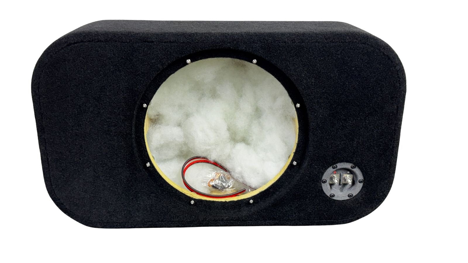 Black car audio subwoofer enclosure with white interior and visible wiring.