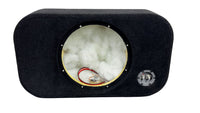 Black car audio subwoofer enclosure with white interior and visible wiring.