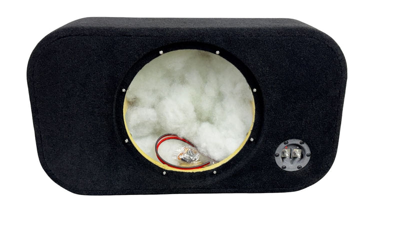 Black car audio subwoofer enclosure with white interior and visible wiring.