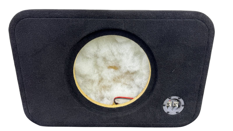 Car audio subwoofer enclosure with a visible brand logo on a white background