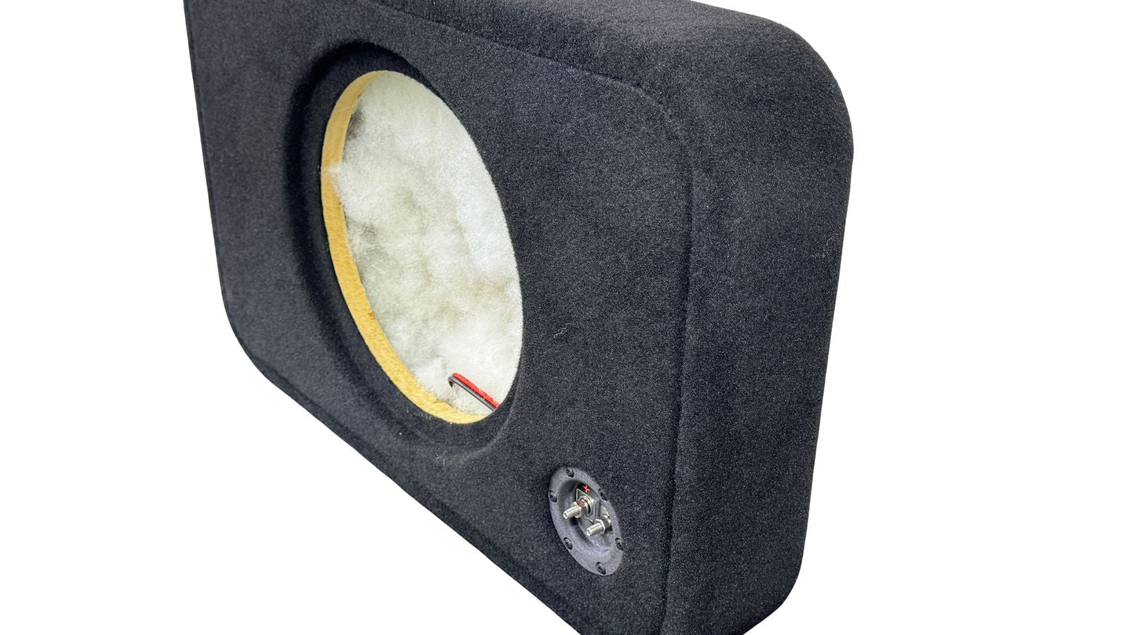 Car audio subwoofer enclosure with visible wiring on a white background