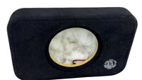 Black audio subwoofer enclosure with visible wiring on a white background