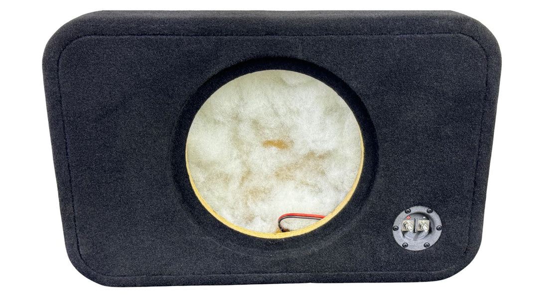Car audio subwoofer enclosure with a bare speaker on a white background