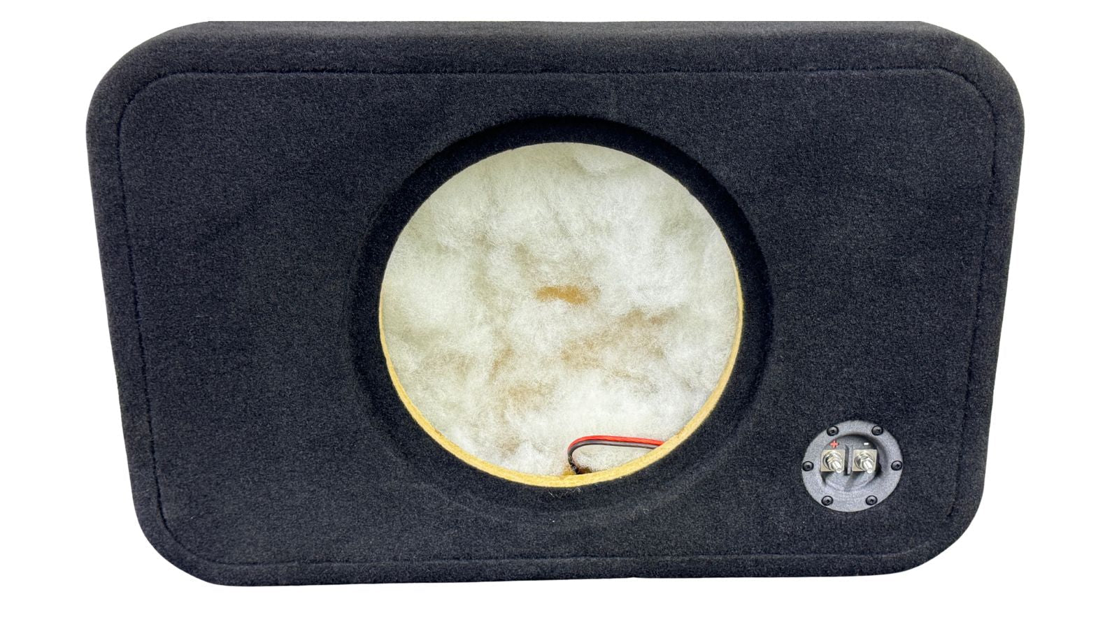 Car audio subwoofer enclosure with a bare speaker on a white background