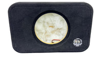 Car audio subwoofer enclosure with a bare speaker on a white background
