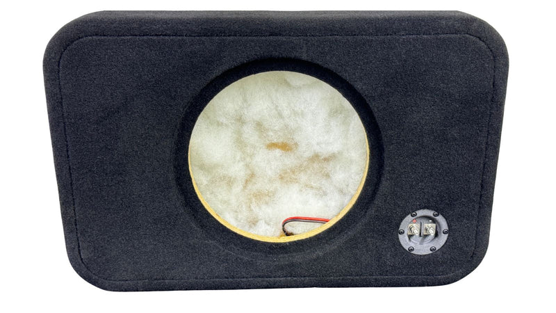 Car audio subwoofer enclosure with a bare speaker on a white background