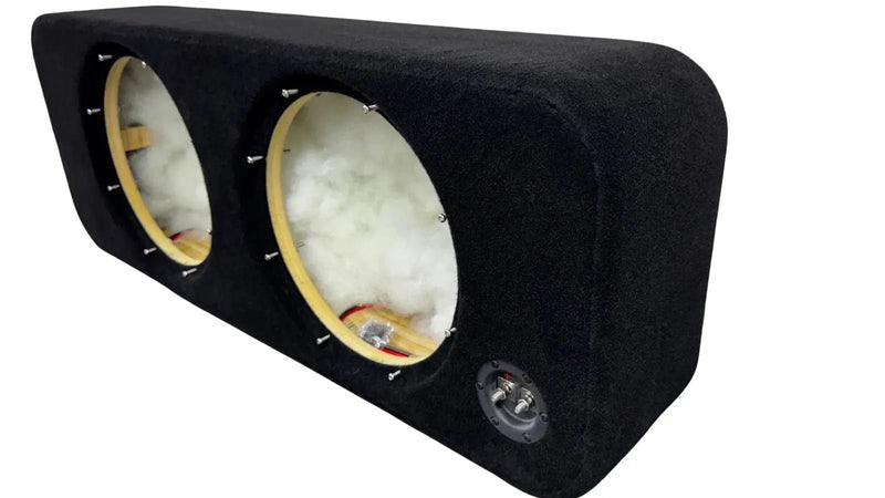 Black car audio subwoofer enclosure with visible components on a white background