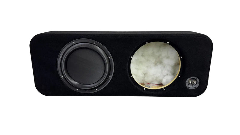 Black audio subwoofer with a decorative element on a white background