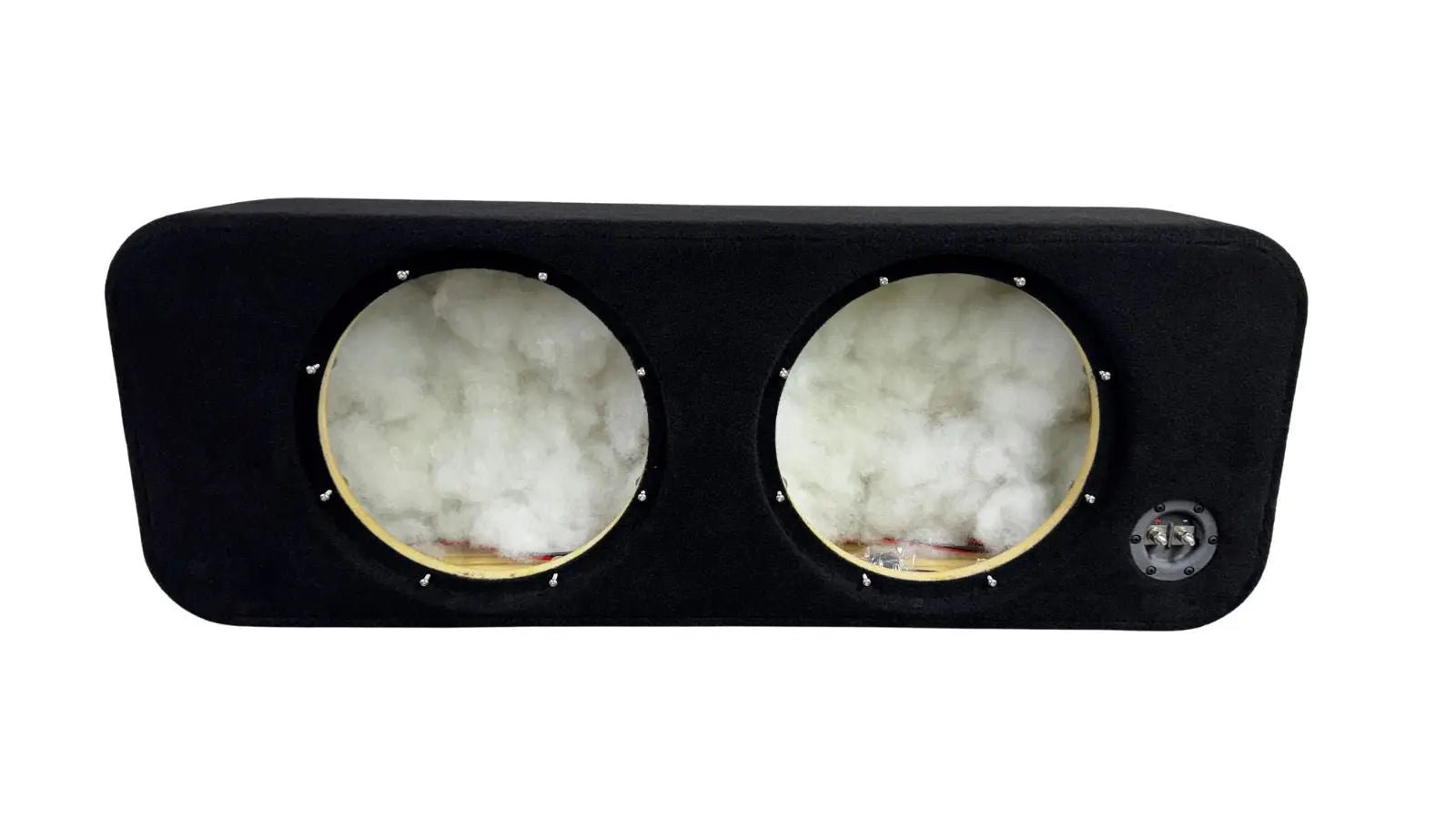 Car audio subwoofer enclosure with two visible subwoofers on a white background
