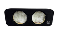Car audio subwoofer enclosure with two visible subwoofers on a white background