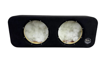 Car audio subwoofer enclosure with two visible subwoofers on a white background
