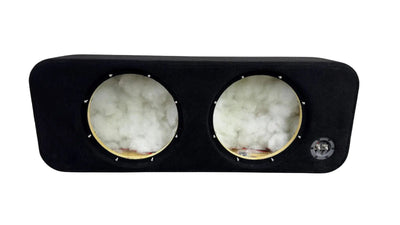 Car audio subwoofer enclosure with two visible subwoofers on a white background