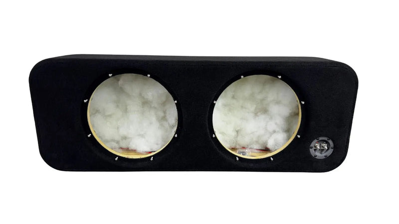 Car audio subwoofer enclosure with two visible subwoofers on a white background